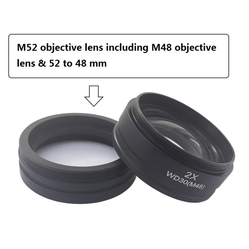 0.5X 2X Barlow Lens Objective Microscope Auxiliary Objective Lens Mounting Thread 42mm 48mm 50mm 52mm Working Distance 30/160mm