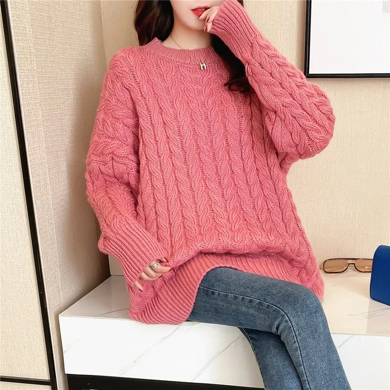 

Pure Color Sweater Women's Autumn and Winter Wear 2020 New Thicker Loose Lazy Wind Cranberry Christmas Twist Pullover Sweater