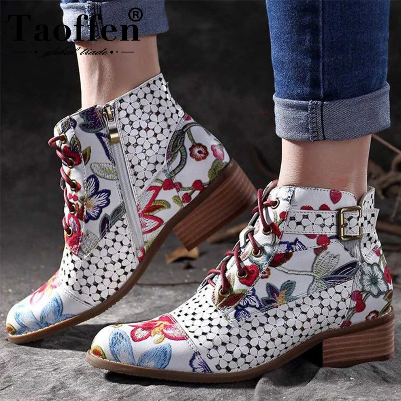 

Taoffen 2020 Women Ankle Boots Ethnic Style Thick Heel Women Shoes Patchwork Floral Buckle Female Vintage Footwear Size 35-43