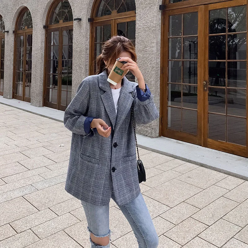 

Photo Shoot 2020 Spring New Style Korean-style Retro Loose-Fit Pattern Suit British-Style Casual Coat Plaid Suit Women's