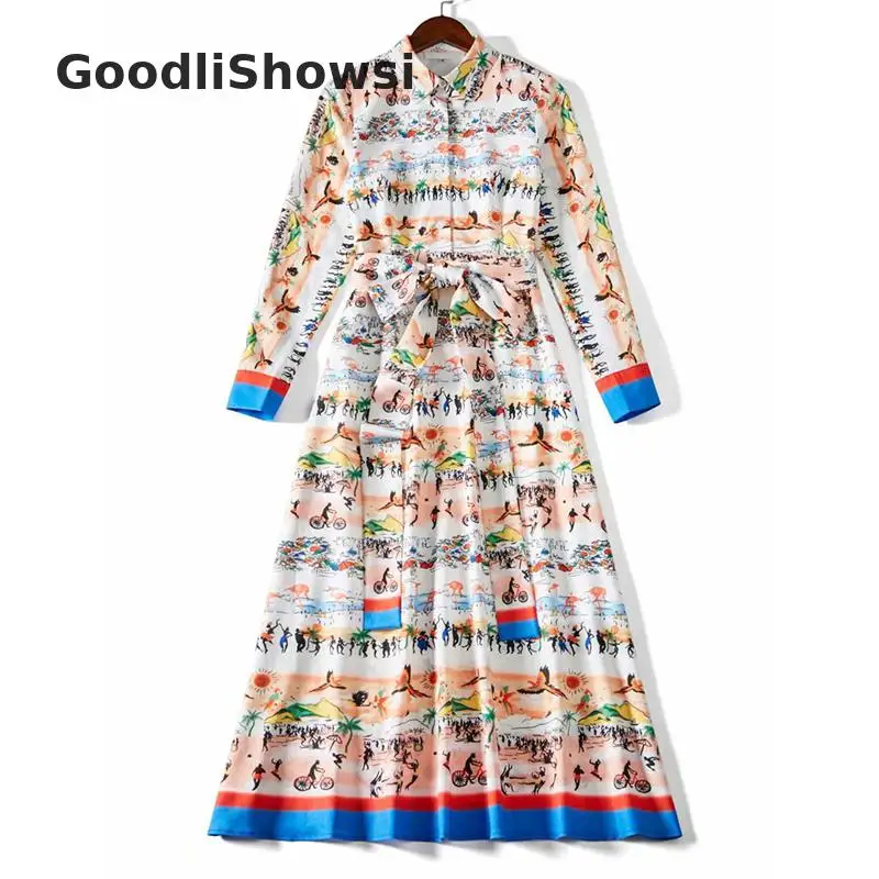 GoodliShowsi, весна, пляжный стиль, женское платье миди, Гавайское море, пейзаж, принт, длинный рукав, пояс, рубашка трапециевидного силуэта, платье