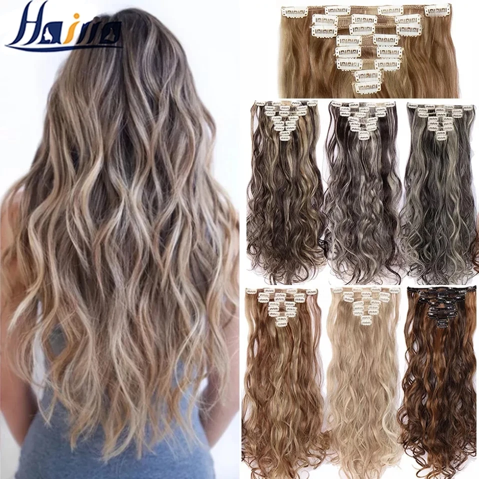 HAIRRO 24Inches 170g 36 Colors Long Straight Synthetic Hair Extensions Clips in High Temperature Fiber Black Brown Hairpiece