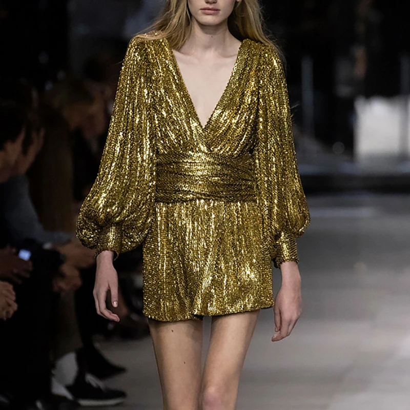 Gold Shiny Lurex Women's Dress New Design V-neck Long Sleeve High Waist  Lace-up Silver Mini Vestido Jurken Zomer 2020 - Dresses - AliExpress