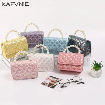 

KAFVNIE Dazzling Children Handbag Pearl handle PU Children's Shoulder Bag Purple Change bag Hot sell Kid Evening Party Bags