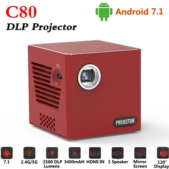 

C80 Mini Portable DLP Projector Android 7.1 50 ANSI Lumens 1080p Full HD Video Projector Beamer 3400mA Home Cinema LED Proyector