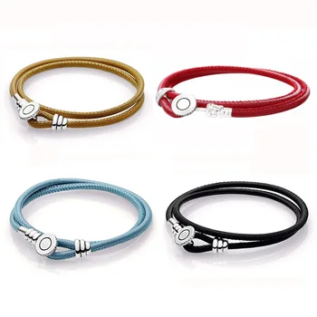 

100% 925 Sterling Silver Original Pan Jewelry Double Leather Bracelets for Women DIY Charm beads Jewelry Party Wedding Gift