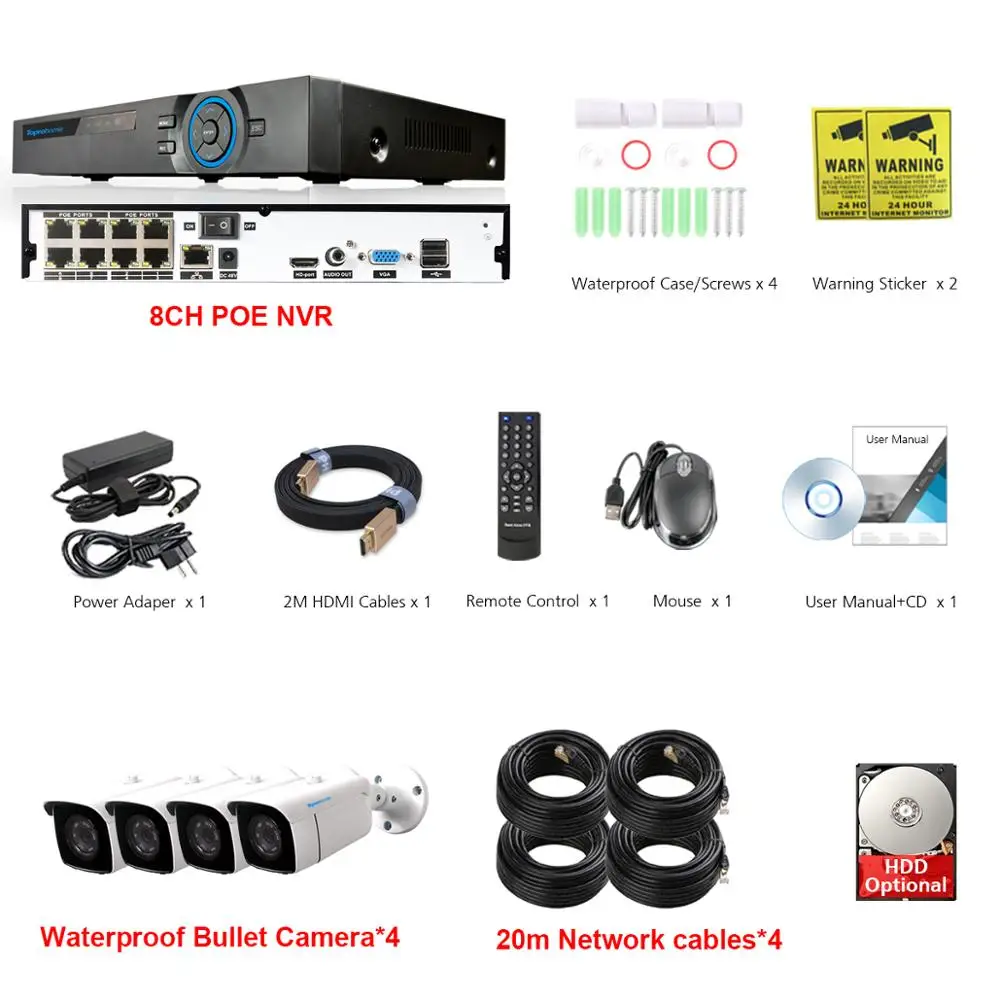 TOPROHOMIE H.265+ 8ch камера безопасности Система 4MP аудио запись наружная POE ip-камера 8CH cctv комплект видеонаблюдения P2P HDMI - Цвет: 4 Camera with Cables