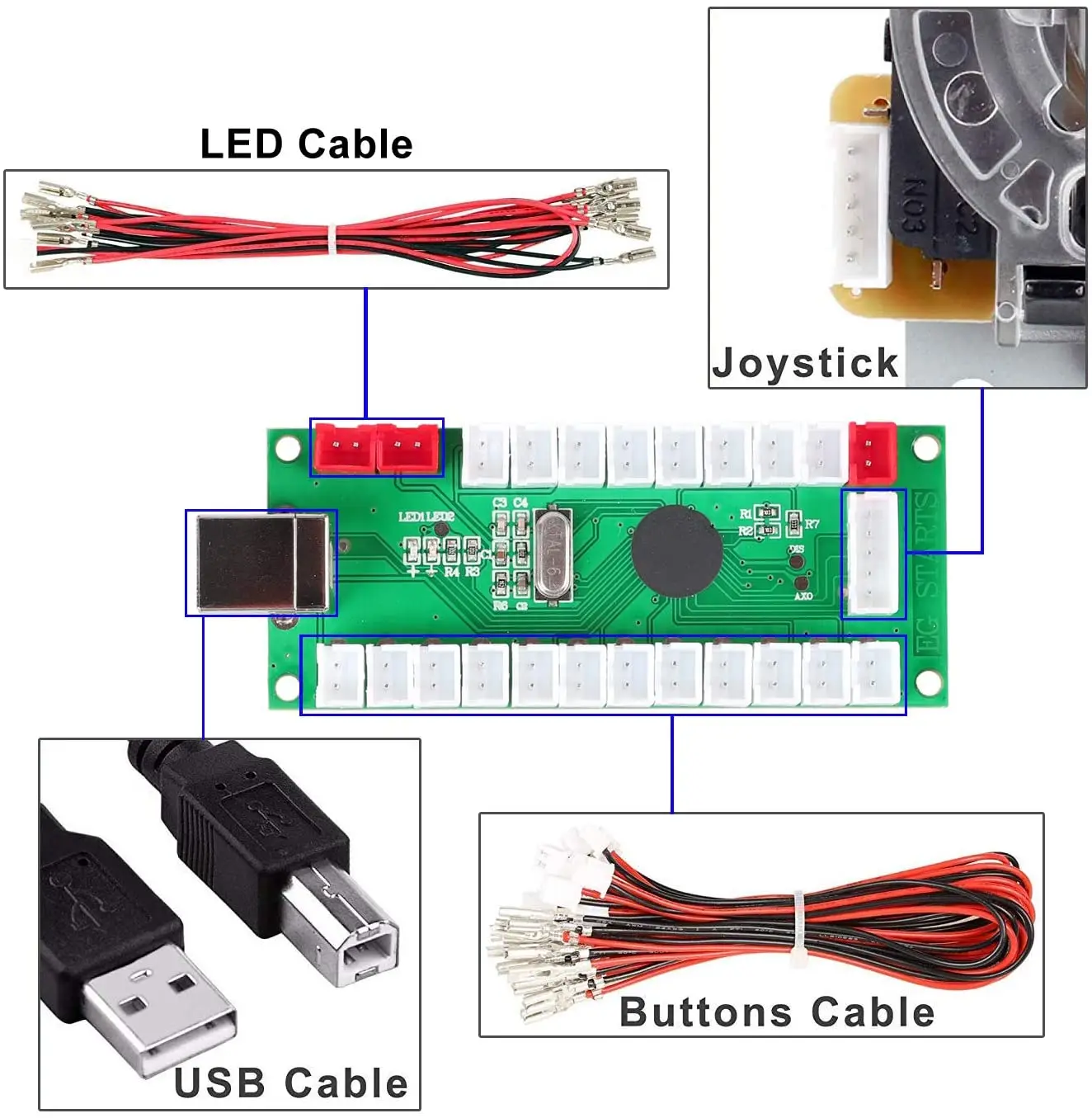 4 Player LED Arcade Kit Ellipse Oval Typ Bat Joystick USB Encoder PC LED Arcade Tasten für Alle Windows PC MAME Raspberry Pi