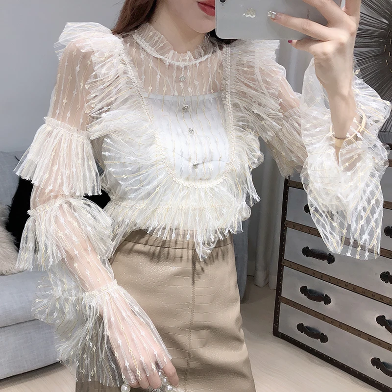 ALPHALMODA, сексуальная Женская куртка, новинка, супер-фея, рукав-колокол, шифоновая блузка, рубашка+ топ на бретельках, комплект из двух предметов