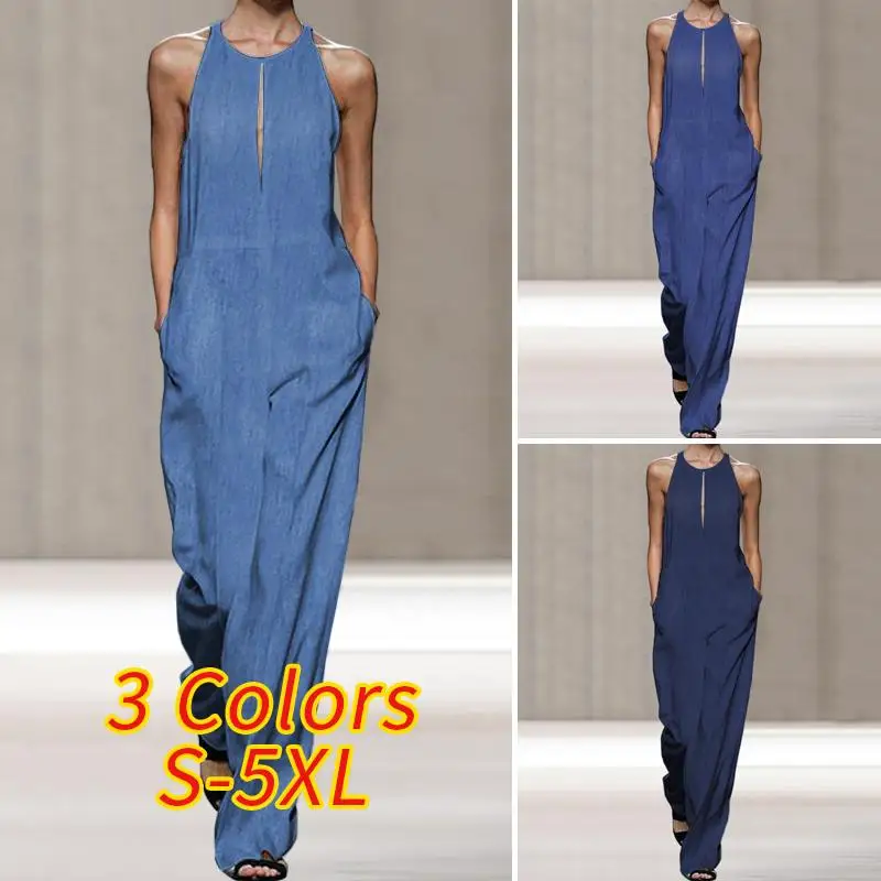 Rompers Womens Jumpsuits 2020 VONDA Summer Sexy Sleeveless Denim Playsuits Plus Size Bohemian Overalls Femme Long Pants S-5XL Rompers Womens Jumpsuits 2020 VONDA Summer Sexy Sleeveless Denim Playsuits Plus Size Bohemian Overalls Femme Long Pants S-5XL