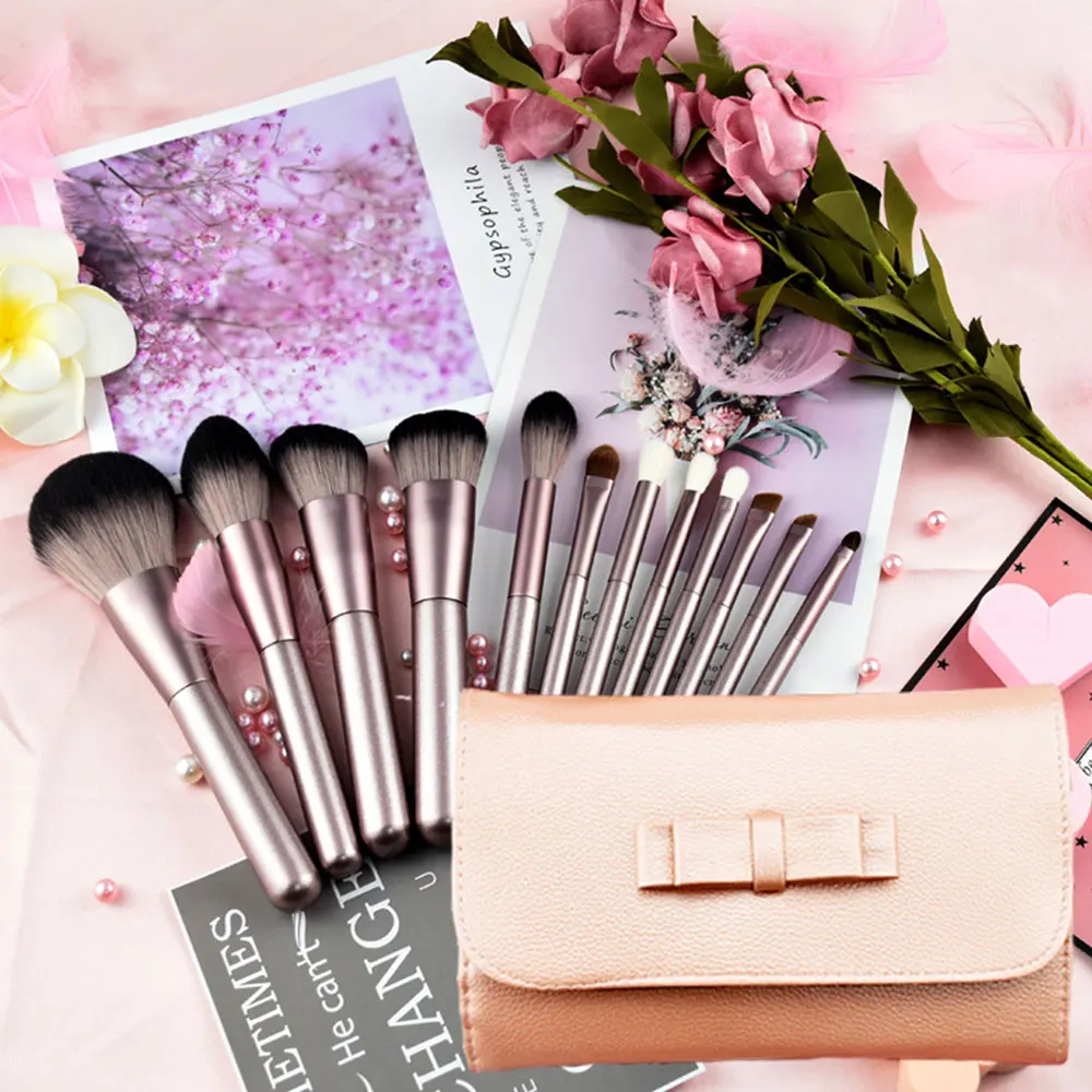 Makeup Brushes Set Professional 12 pcs Eye Shadow Foundation Eyeliner Lip Blusher Smooth Make Up Kit Cosmetic For Woman Gift - Handle Color: Bow bag