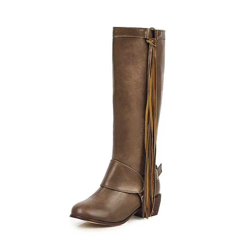 Khaki PXELENA/Сапоги до колена в ковбойском стиле с кисточками; Женская Осенняя обувь; сапоги в байкерском стиле с бахромой в стиле панк; ботинки на массивном каблуке - Цвет: Khaki