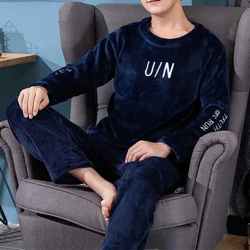 Sleepwear Long Sleeves Autumn Winter Warm Flannel Pajamas Sets Long Pants Thicken Male Pyjamas Set Loose Leisure Lounge Outwear mens satin pajama set