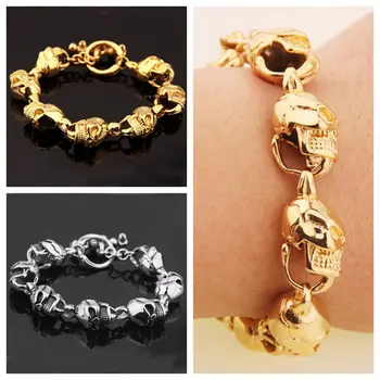 

15mm*22cm Yellow Gold/Silver Color Skull Skeleton Head Shiny 316L Stainless Steel Bracelet Bangle For Charming Men's Jewelry 60G