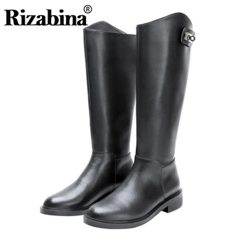 

RIZABINA Genuine Leather Women Knee High Boots Round Toe Solid Color Flats Shoes High Quality Boots Women Footwear Size 33-44