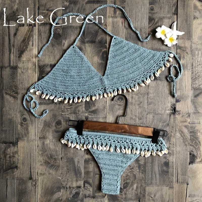 Lake Green Вязаный комплект бикини с кисточками, бразильский вязаный купальник, женский купальник с бретельками,, новинка - Цвет: Lake Green