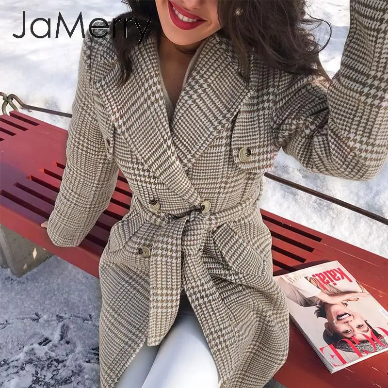 JaMerry элегантное клетчатое Женское пальто с поясом на пуговицах с поясом женское длинное твидовое пальто с длинным рукавом Осень Зима Женское пальто