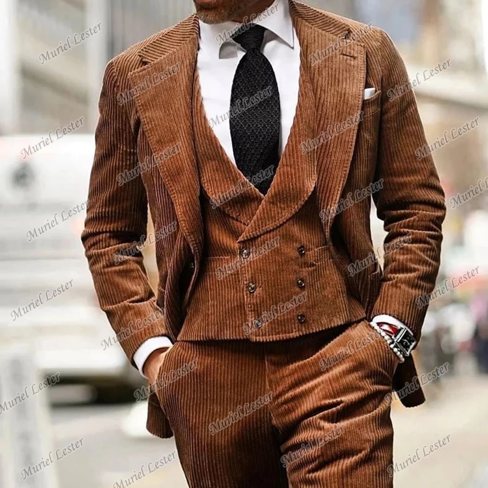 

Brown Corduroy Men Suits 2022 Tailor-Made Terno Masculino Slim Fit Tuxedo Groom Prom Blazer 3 Pcs Peak Lapel Jacket+Pant+Vest
