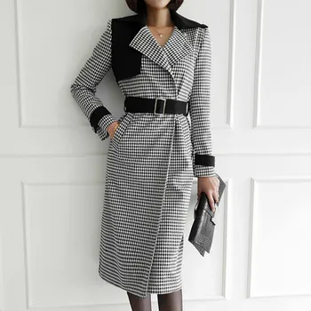 

Winter Vintage Office Double Breasted Belt Slim Patchwork Plaid Female Outwear Coat Long Wool Blend Blazer