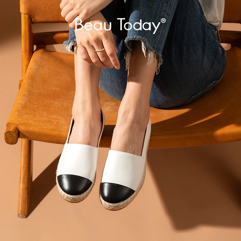 BeauToday de piel de vaca auténtica para mujer, mocasines de pescador informales sin cordones con punta redonda y colores mezclados, 23420|Zapatos planos de AliExpress