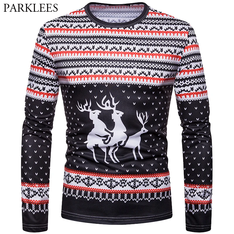 

Merry Christmas T-Shirt Men’s Clothes 2019 3D Elk Pattern Printed Cartoon Sweater Casual Long-Sleeve Tshirt Camisetas Hombre