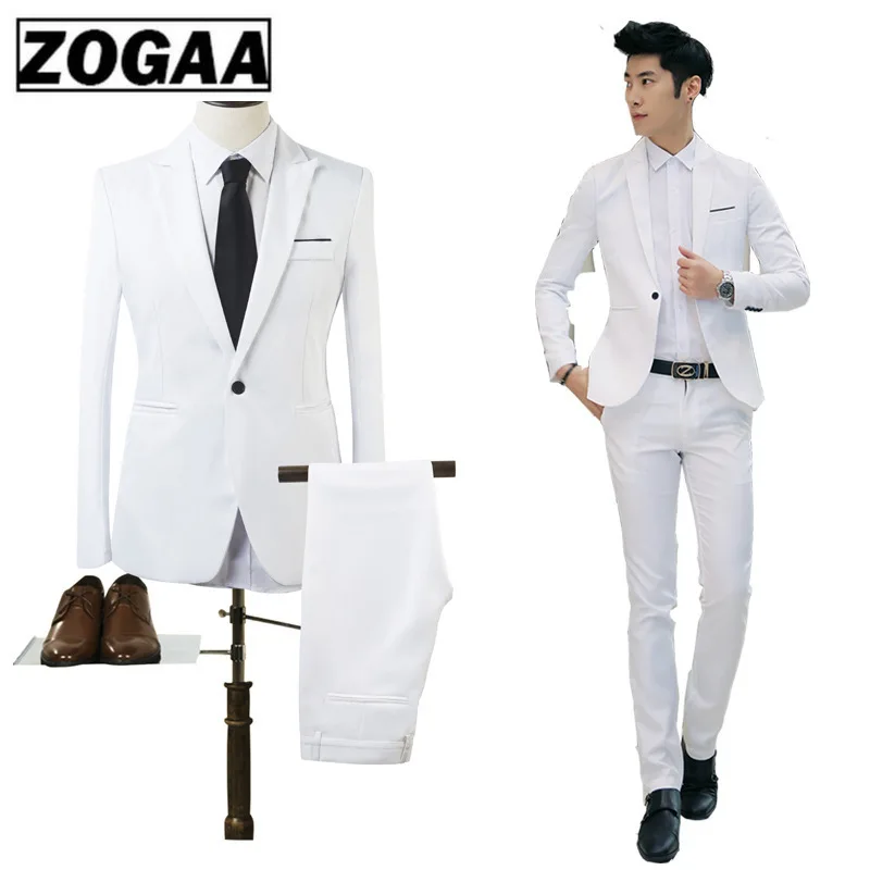 ZOGAA High Quality Men Fashion Slim Suits Male Business Casual Groomsman 2pcs Wedding Suit Men's Jacket Pants Trousers Sets