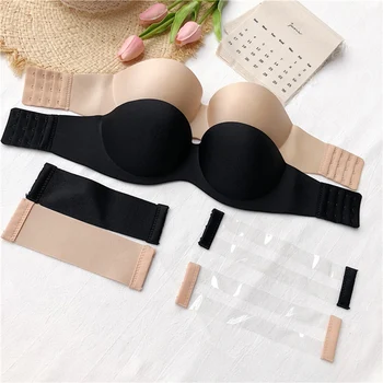 

Female Underwear Black Skin Invisible Bra Women Push Up Bras Non-slip Strapless Lingerie 1/2 Cup Backless Bralette