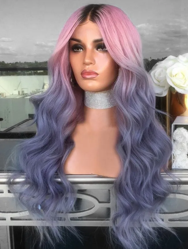 

70cm SHUOHAN Synthetic Wig High Temperature Fiber Body Wave Wavy Machine Net None Lace Colorful Ombre Black Pink Blue SX329 Long