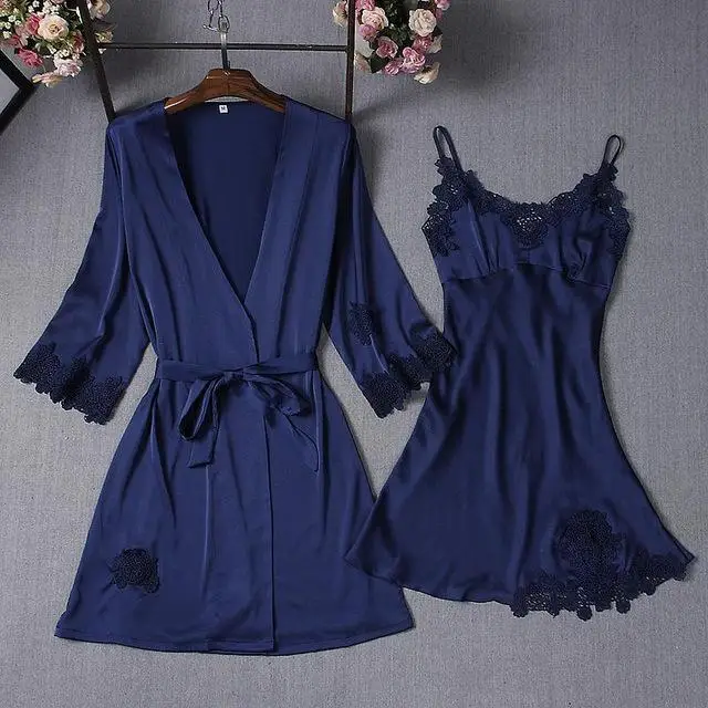 Pink Female Bride Bridesmaid Wedding Robe Sexy 2PCS Robe Set Classic Belt Sleepwear Nightgown Lace Patchwork Intimate Lingerie - Color: Navy Blue 2PCS