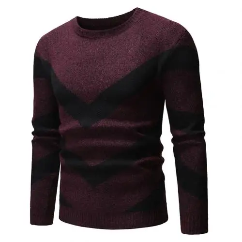 Wine Red Самая низкая цена мужской цветной блок волнистые полосы круглый вырез длинный рукав свитер тонкий т Джемпер Топ - Цвет: Wine Red