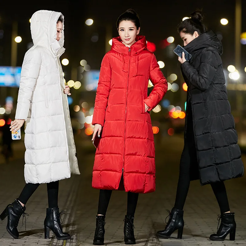 Slim Fashion Warm Women Coats And Jackets Long Hooded Solid Winter Padded Jacket Pockets Cotton Nice Parka Feminina