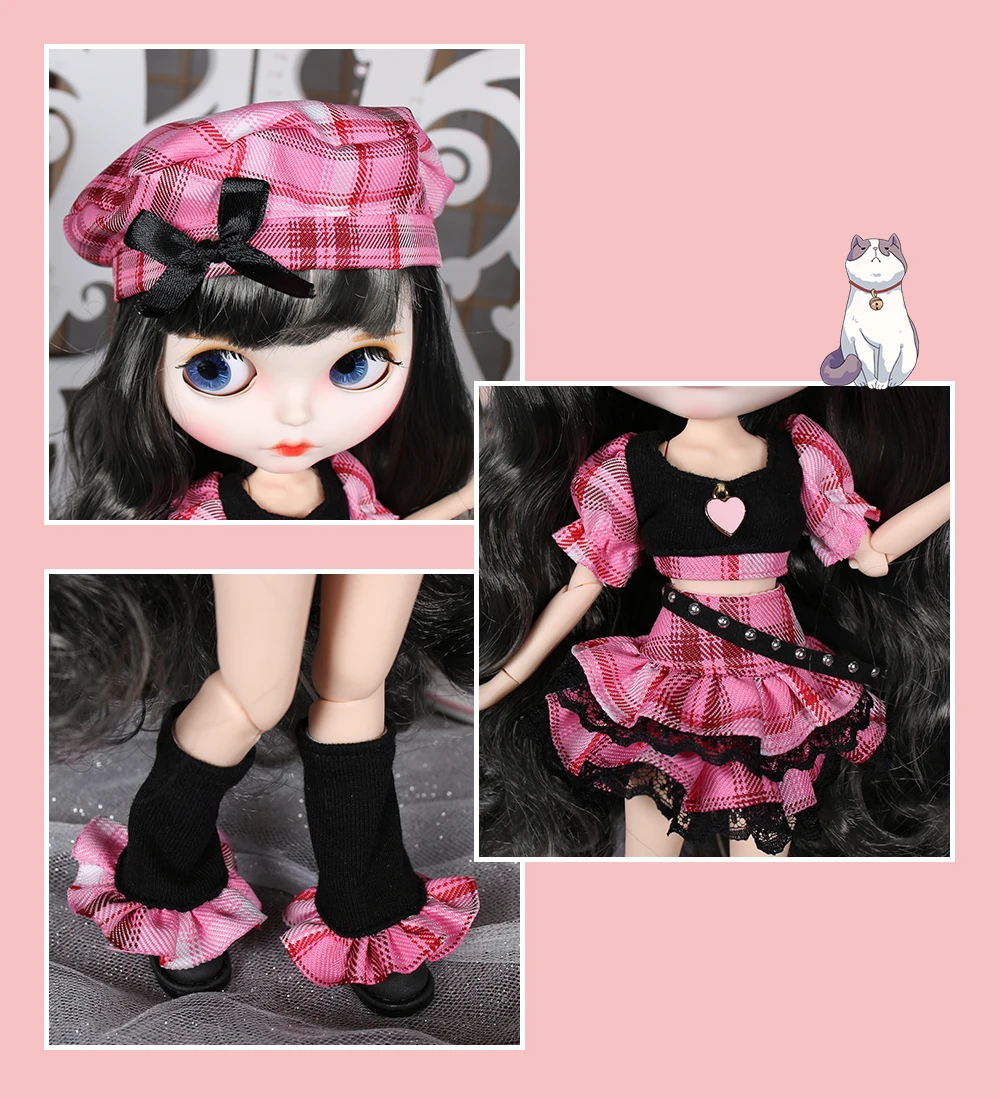 Neo Blythe Doll Black Hot Pink Goth Skirt Dress with Knee Socks 3