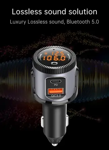 Bluetooth 5.0 FM Transmitter 12V-24V Automobile Charger USB A QC 18W and USB Type-C PD 18W