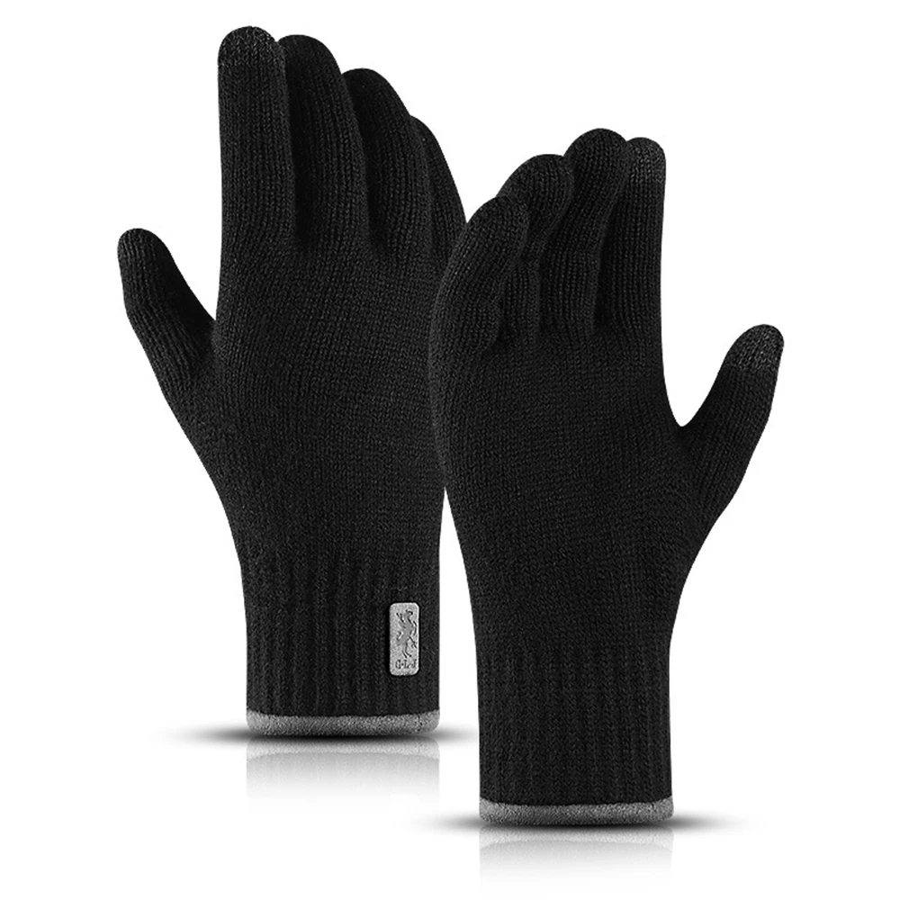 Зимние теплые мужские вязаные перчатки для женщин с сенсорным экраном модные двойные бархатные уличные перчатки для альпинизма, катания на лыжах - Color: black