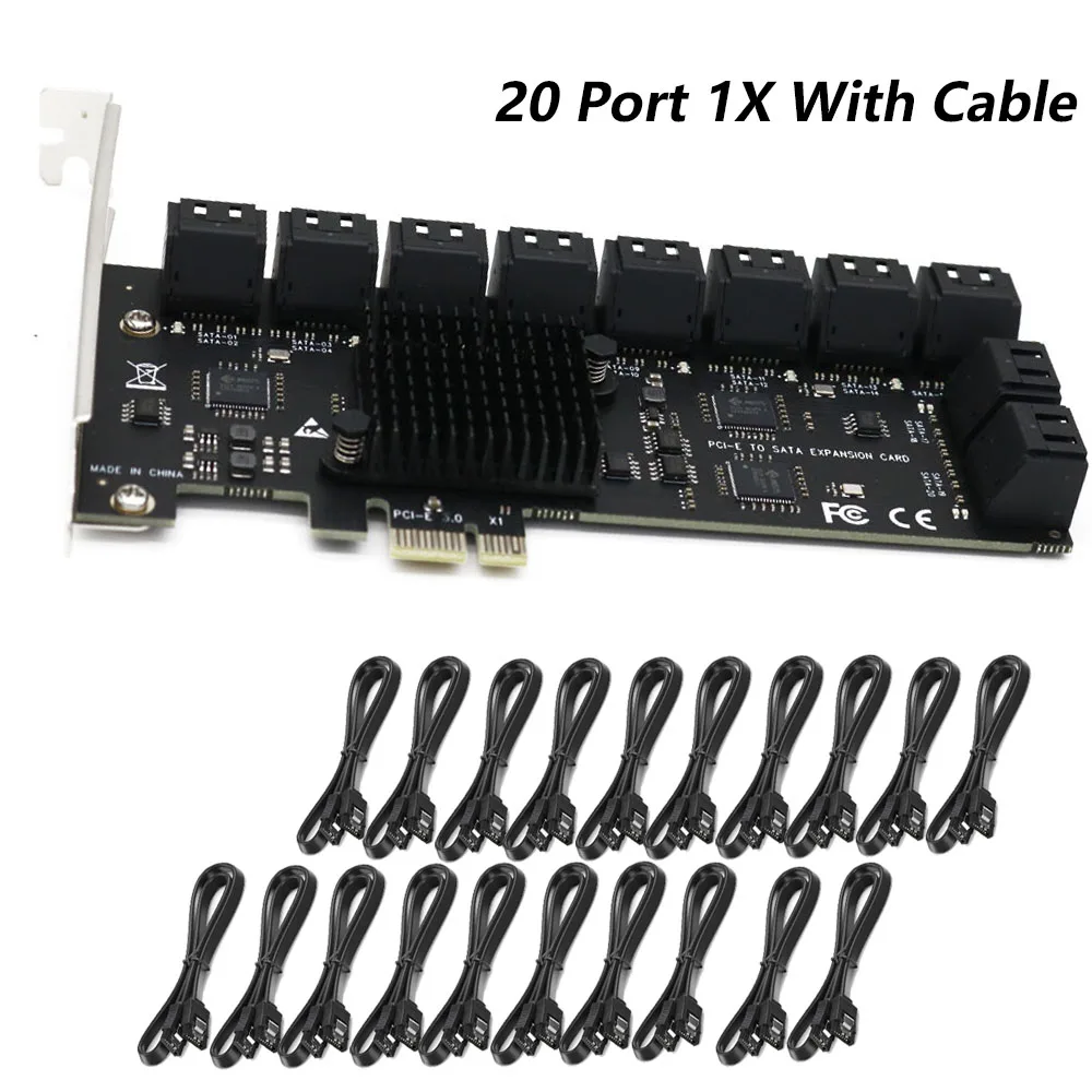 thumbnail image 1 of Tarjeta PCIE SATA de 12/16/20 puertos, tarjeta PCIe SATA 3.0 de 6 Gb, tarjeta de expansión de controlador PCIe a SATA, compatible con dispositivos SATA 3.0, 1 of 5