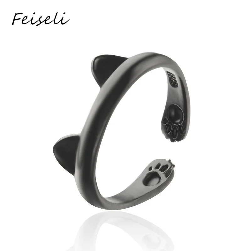 Feiseli очаровательное кольцо с когтями в виде кошачьих ушей для женщин, персонализированное кольцо с отверстием, регулируемое кольцо на палец с орнаментом