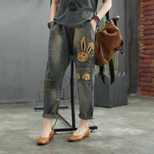 Женские весенние и осенние модные винтажные джинсы с вышивкой кролика в стиле пэчворк с потертостями женские повседневные джинсовые свободные шаровары