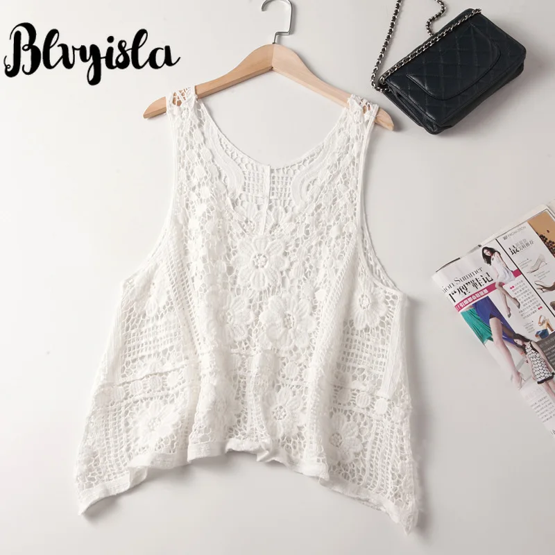 Blvyisla V-neck Crochet Lace Sleeveless Hook Flower Vest Female Summer Tank Tops Hollow Out Beachwear Cover-Up Camis Tee
