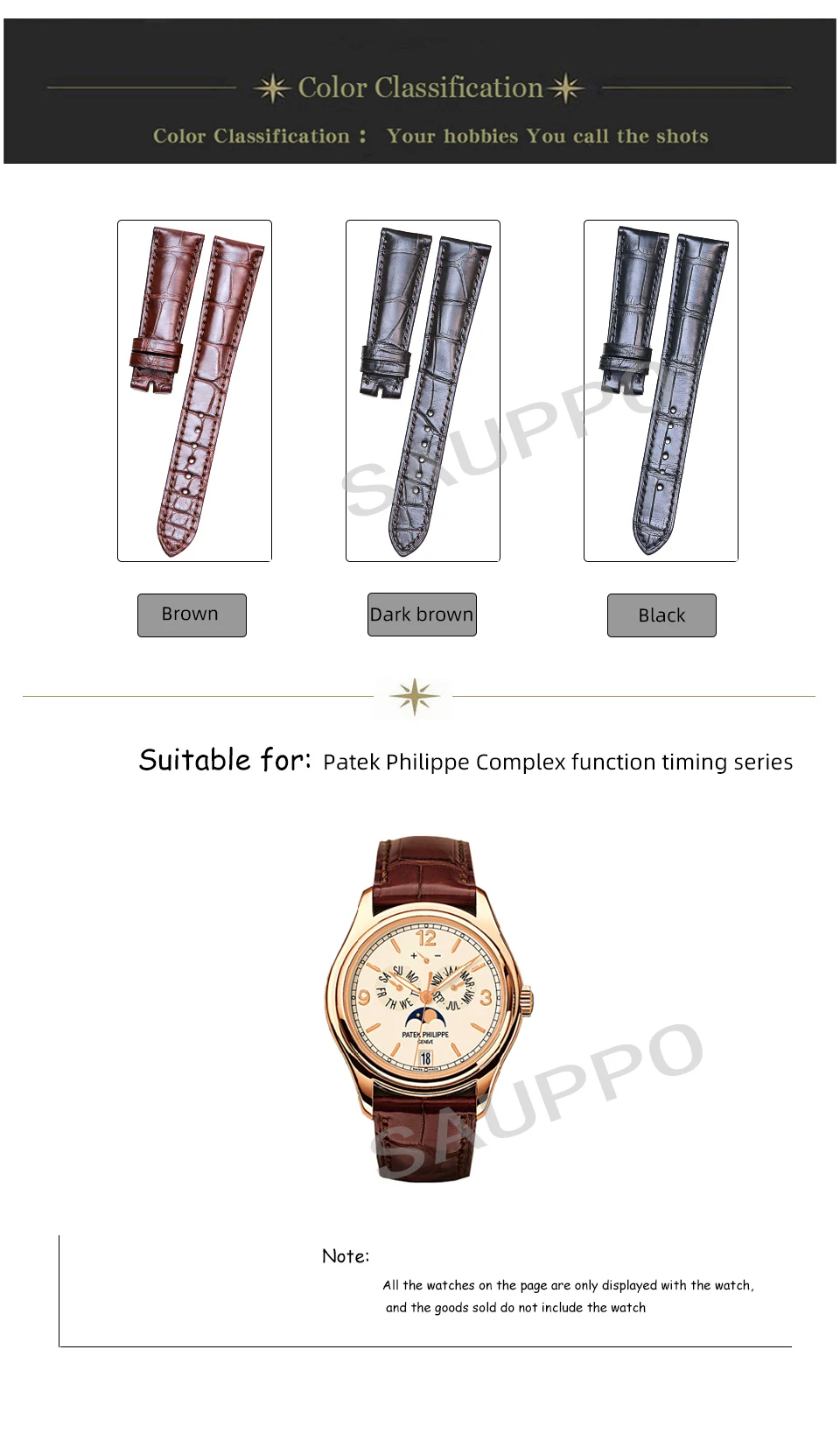 SAUPPO Superme из натуральной крокодиловой кожи Ремешки для наручных часов черный темно-коричневый мужские ремни подходит для PP осложнения
