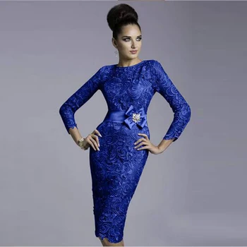 

Wholesale Royal Blue Sheath Lace Long Sleeve Mother of the Bride Dresses Jewel Neck Wedding Guest Gowns 2020 Latest