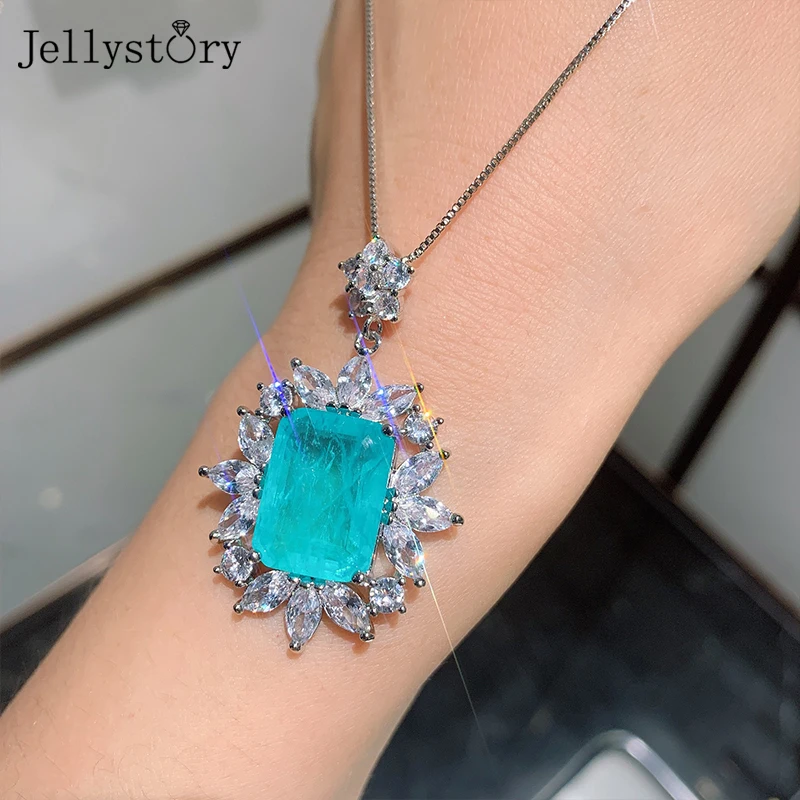 

Jellystory trendy 925 silver jewelry necklace unique flower shaped aquamarine pandent for women engagement gifts wholesale 2021