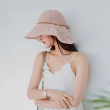 Рыбацкая Панама, женская шляпа, тканая соломенная шляпа, пористая шляпа с бантом, корейский стиль, открытый, Солнцезащитный крючок, купол, дикий