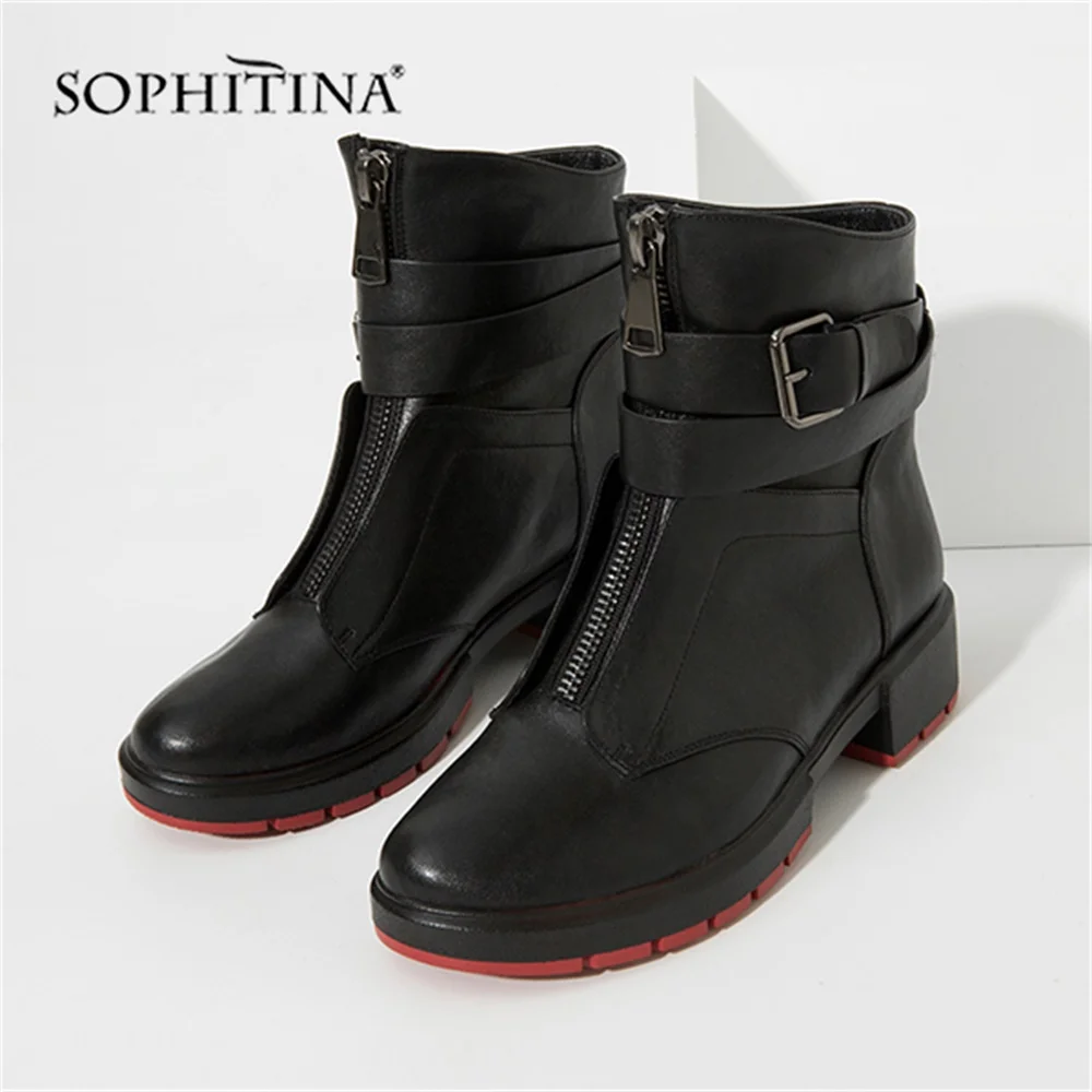 Cena SOPHITINA nowy 2019 kożuch botki dorywczo grube okrągłe Toe kwadratowy obcas kobiet buty z Retro klamra ciepłe buty zimowe M46