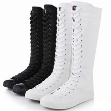 Женские парусиновые сапоги; Сапоги выше колена с перекрестной шнуровкой; Новые однотонные высокие сапоги до бедра; женская повседневная обувь; высокие сапоги; размер 43