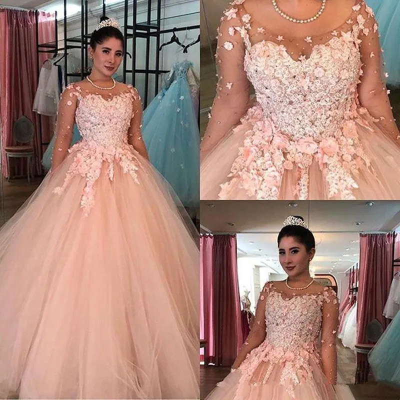 3D Kant Baljurk Quinceanera Jurken 2020 Blush Roze Sheer Lange Mouwen Plus Size Sweet 16 Jurken Debutante 15 Jaar prom dress 3D Kant Baljurk Quinceanera Jurken 2020 Blush Roze Sheer Lange Mouwen Plus Size Sweet 16 Jurken Debutante 15 Jaar prom dress