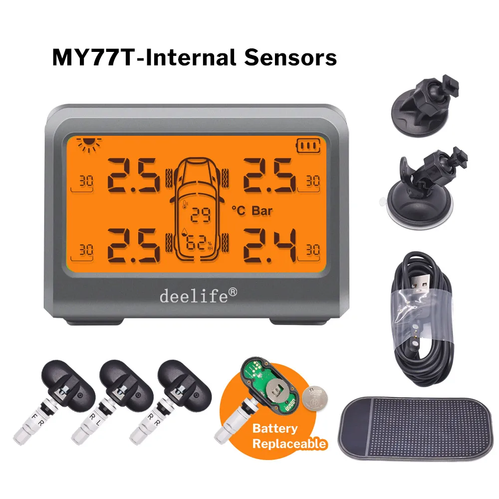 Deelife Car TPMS Solar Tire Pressure Monitoring System For 4 Wheel Alarm Warning With 0-8 Bar Tyre Tpms 4 Sensors rear view mirror reverse camera Car Monitors