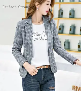 

High Quality Plus Size M-3XL Korean Turn-down Collar Plaid Long Sleeve Women Suit Coat