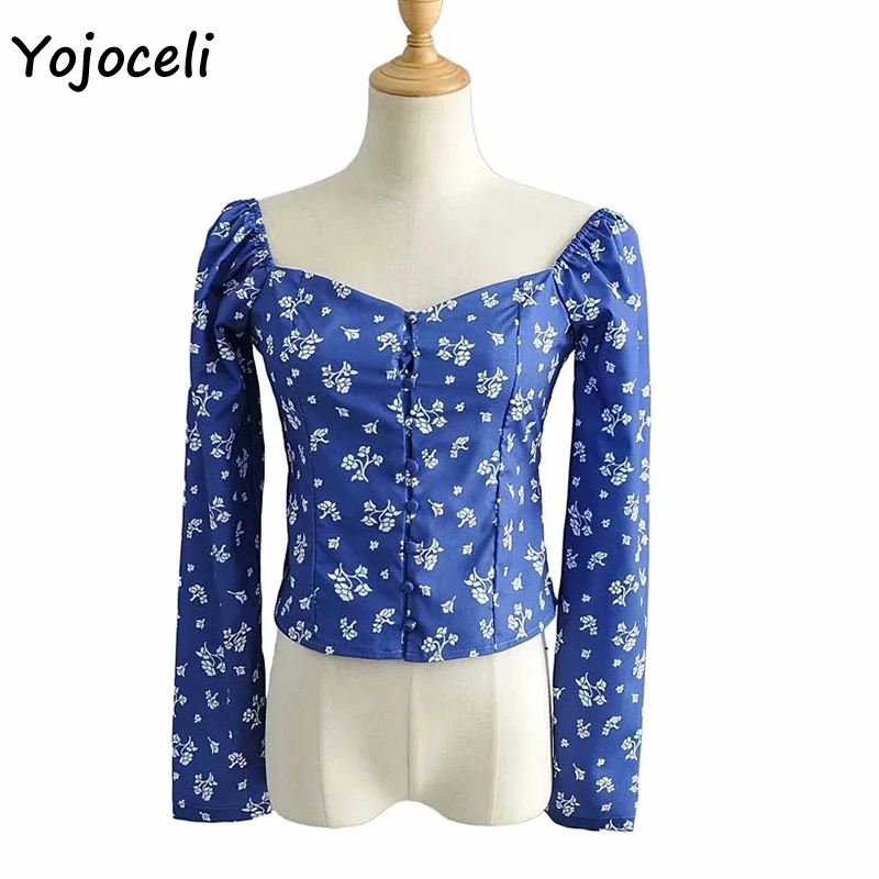 Yojoceli, квадратный вырез, цветочный принт, блузки, рубашка, женская, длинный рукав, на пуговицах, спереди, рубашка, женская, blusas, весна, лето