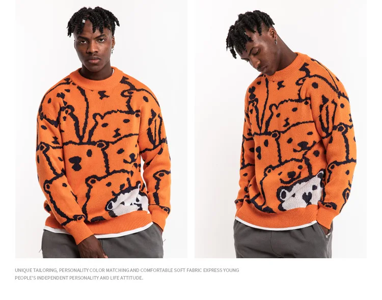 Original Trend Cartoon Cubs Knit Men / Women Loose Lazy Style Orange Sweaters Streetwear Personality Couples Knits