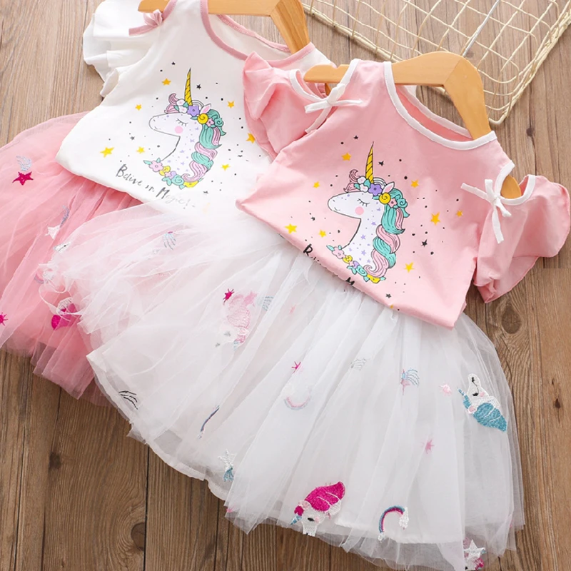 Girls Dress T-Shirts Clothing-Sets Unicorn Fashion-Style Cartoon Summer Printed Veil